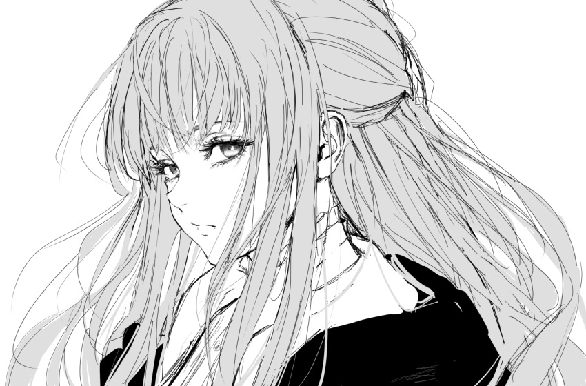 1girl buttons closed_mouth coat collared_dress commentary_request dress expressionless eyelashes fern_(sousou_no_frieren) frilled_shirt_collar frills from_side greyscale inoitoh long_hair looking_at_viewer monochrome portrait sidelocks simple_background sketch solo sousou_no_frieren straight_hair white_background