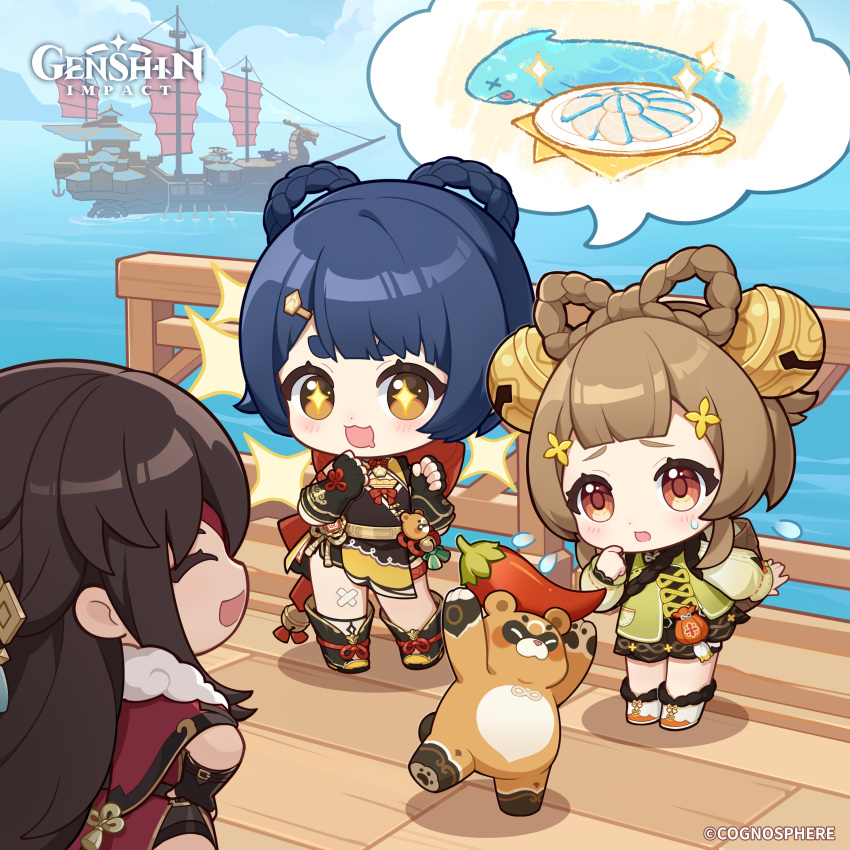 3girls absurdres beidou_(genshin_impact) bell black_footwear black_gloves blue_hair boat boots braided_hair_rings brown_eyes brown_hair chibi clouds commentary copyright_name day dot_nose dress english_commentary fingerless_gloves flying_sweatdrops food genshin_impact gloves guoba_(genshin_impact) hair_bell hair_ornament hairclip hand_on_own_hip hands_up highres holding holding_food leaning_forward light_brown_hair looking_at_another multiple_girls ocean official_art open_mouth outdoors raised_eyebrows smile sparkle sparkling_eyes standing sweatdrop tassel watercraft xiangling_(genshin_impact) yaoyao_(genshin_impact)