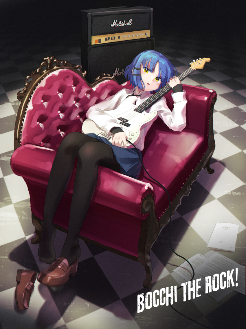 1girl absurdres amp bass_guitar black_pantyhose blue_hair blue_skirt bocchi_the_rock! brown_footwear checkered_floor commentary_request copyright_name couch hair_ornament hairclip highres holding holding_instrument instrument looking_at_viewer lounging marshall_amplification on_couch pantyhose pleated_skirt sakoku_(rh_ty_ks) scattered_paper sheet_music shirt shoes single_shoe skirt unworn_shoes white_shirt yamada_ryo yellow_eyes