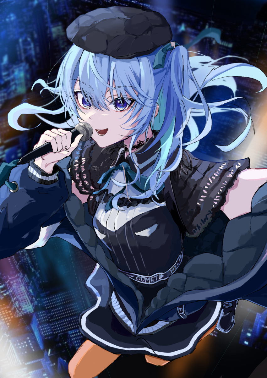 1girl beret black_choker black_dress black_footwear black_headwear blue_eyes blue_jacket choker dress hat highres holding holding_microphone hololive hoshimachi_suisei hoshimachi_suisei_(3rd_costume) jacket lace-trimmed_choker lace_trim long_hair looking_at_viewer looking_back microphone official_alternate_costume open_mouth shoes smile solo star_(symbol) star_in_eye symbol_in_eye tsubatarou_(tubaaaaame) virtual_youtuber