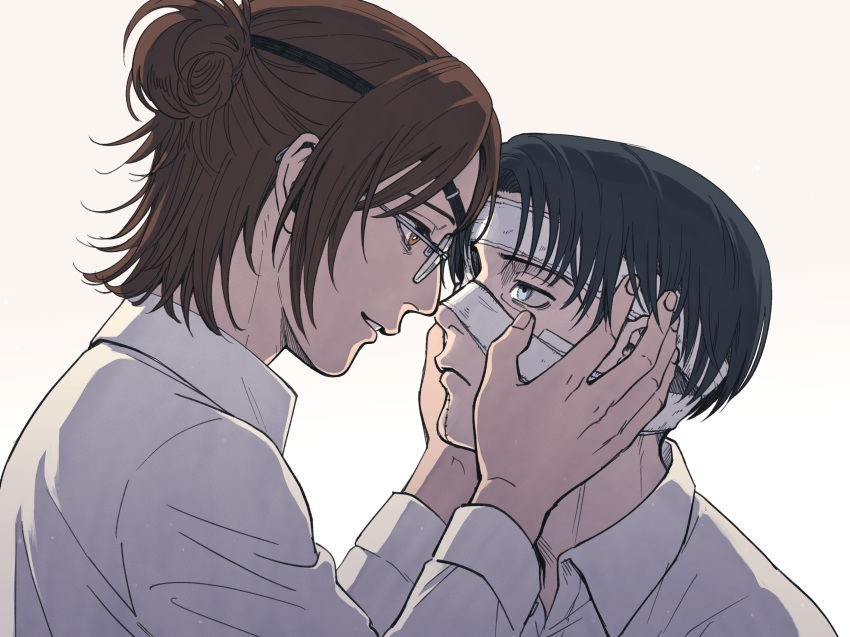 1boy 1other bandaged_head bandages black_hair brown_eyes brown_hair collared_shirt commentary_request eyepatch frown glasses grey_eyes hands_on_another's_cheeks hands_on_another's_face hange_zoe height_difference highres levi_(shingeki_no_kyojin) shingeki_no_kyojin shirt short_ponytail smile yonchi