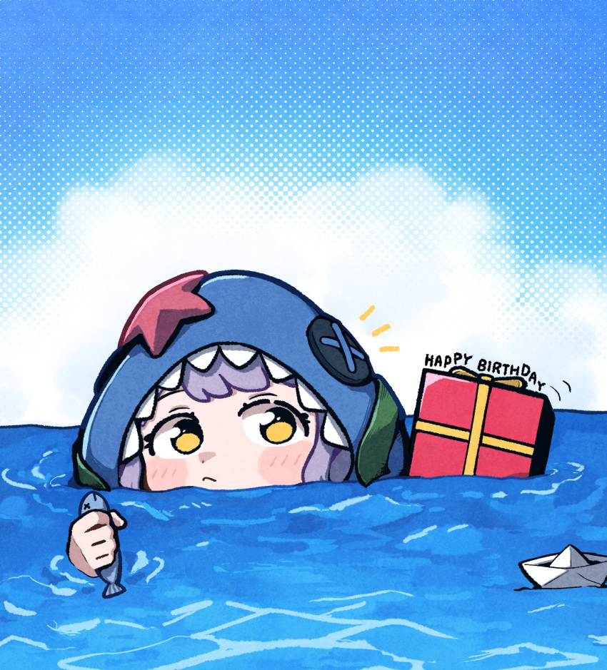 1girl :&lt; animal animal_hood blue_sky blush_stickers box burndle08 button_eyes clouds commentary day dot_nose eel fish gift gift_box happy_birthday highres holding holding_animal holding_fish hood idolmaster idolmaster_million_live! looking_at_viewer makabe_mizuki notice_lines ocean outdoors paper_boat partially_submerged purple_hair shark_hood sidelocks sky solo starfish symbol-only_commentary yellow_eyes