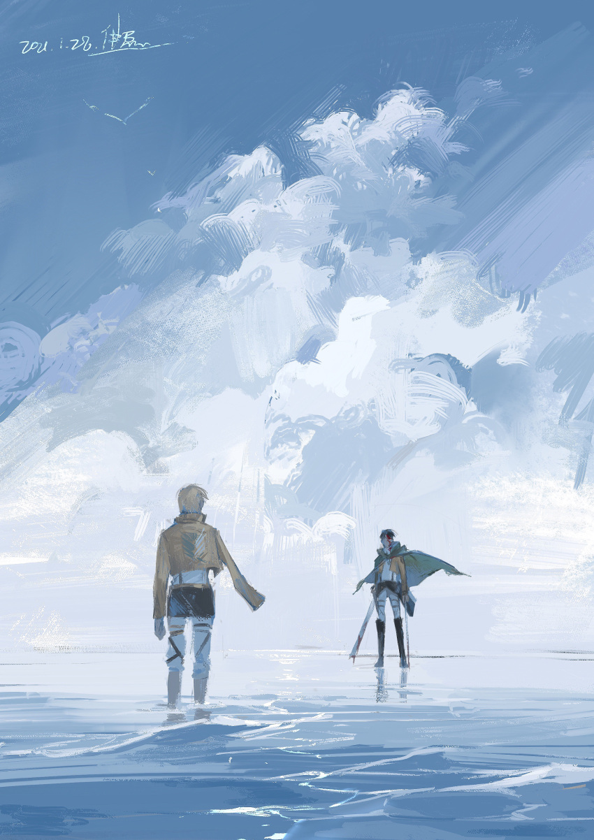2boys absurdres amputee blue_sky capelet chitudeyiling clouds cloudy_sky erwin_smith floating_clothes green_capelet highres holding holding_sword holding_weapon levi_(shingeki_no_kyojin) male_focus multiple_boys ocean painterly pants paradis_military_uniform perspective shingeki_no_kyojin short_hair sky survey_corps_(emblem) sword wading weapon wind
