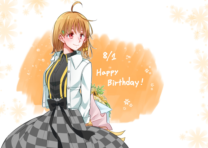 1girl absurdres ahoge arms_behind_back black_bow black_shirt blush bouquet bow braid closed_mouth clover_hair_ornament collared_shirt commentary_request cowboy_shot dated dress_shirt grey_skirt hair_bow hair_ornament happy_birthday highres holding holding_bouquet jacket kashikaze long_sleeves love_live! love_live!_sunshine!! medium_hair open_clothes open_jacket orange_hair red_eyes shirt side_braid skirt smile solo takami_chika unmoving_pattern white_jacket yellow_bow