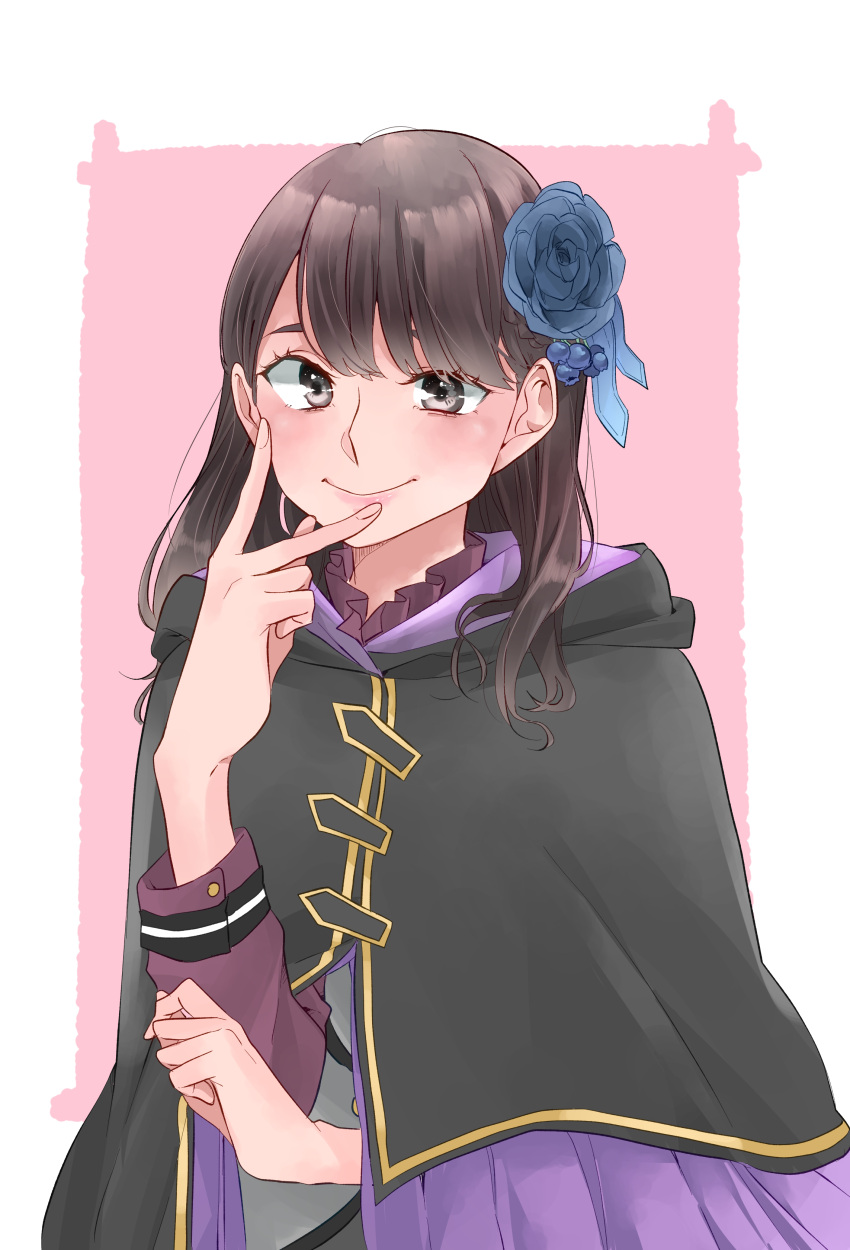 1girl absurdres aida_rikako black_cloak black_eyes blue_flower border brown_hair cloak closed_mouth commentary_request cowboy_shot flower hair_flower hair_ornament highres kashikaze looking_at_viewer medium_hair outside_border real_life smile solo v_over_mouth voice_actor white_border