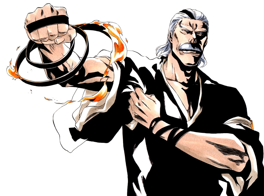 1boy absurdres armband armlet black_kimono bleach brown_eyes clenched_hand closed_mouth collarbone facial_hair fire furrowed_brow highres japanese_clothes ken'ichi_(ken1ro_u) kimono male_focus multicolored_hair mustache okikiba_genshiroo old old_man outstretched_arm shaded_face shihakusho two-tone_hair veins veiny_arms white_background white_hair