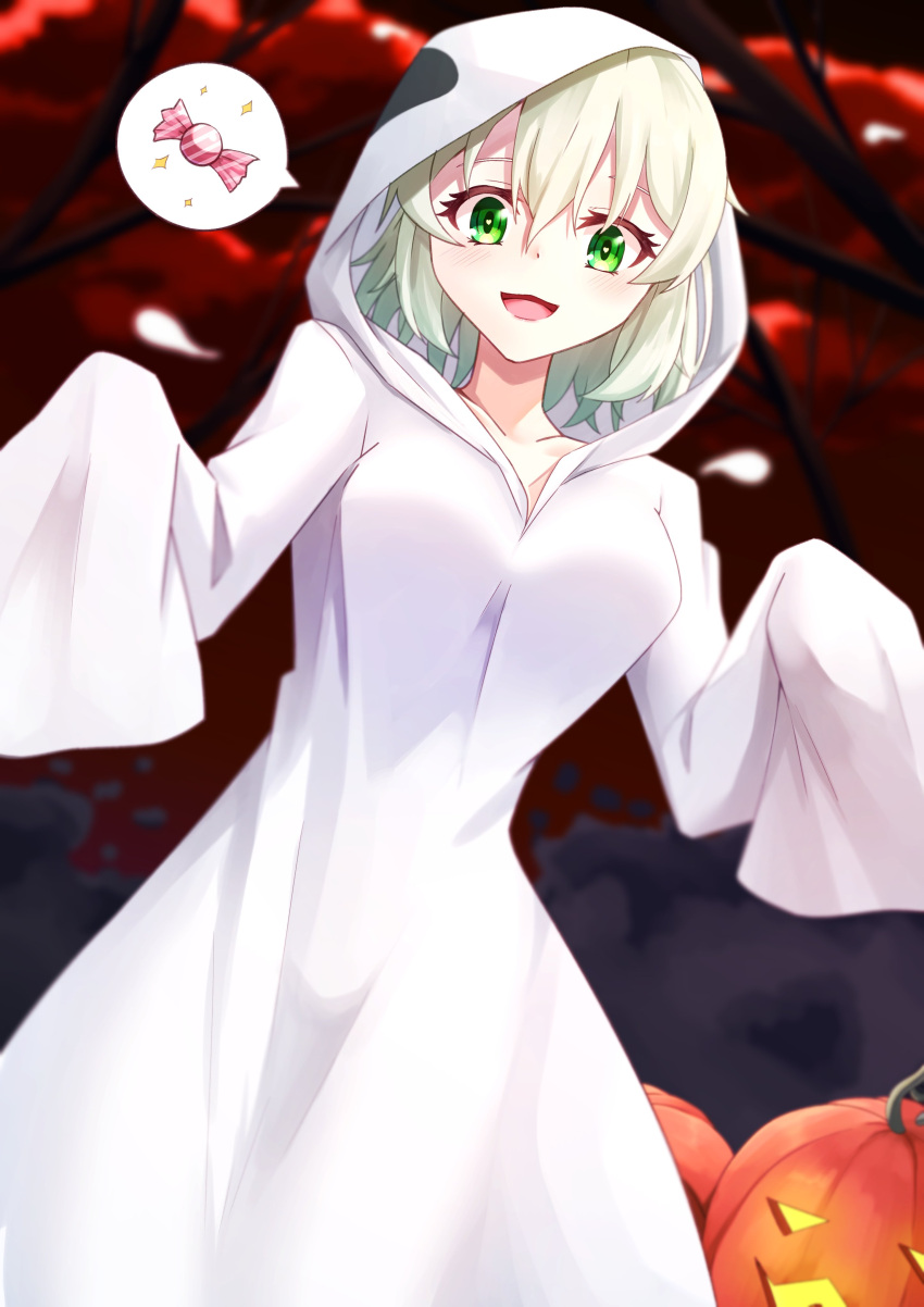 1girl :d absurdres alternate_costume blurry blurry_background breasts candy cowgirl_position dress food forest from_below ghost_pose grey_hair hair_between_eyes halloween halloween_costume hands_up highres hood hooded_dress hoodie jack-o'-lantern komeiji_koishi looking_at_viewer medium_breasts nature open_mouth short_hair smile solo sparkle speech_bubble straddling suzuki_eiru tongue touhou tree very_long_sleeves white_dress white_sleeves