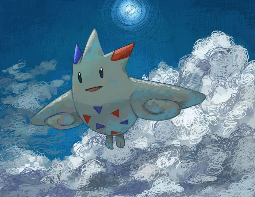 above_clouds absurdres animal_focus backlighting blue_eyes blue_sky blush clouds commentary day flying full_body happy highres light_blush nishinori_(24no71) no_humans open_mouth outdoors pokemon pokemon_(creature) sky smile solo sun togekiss