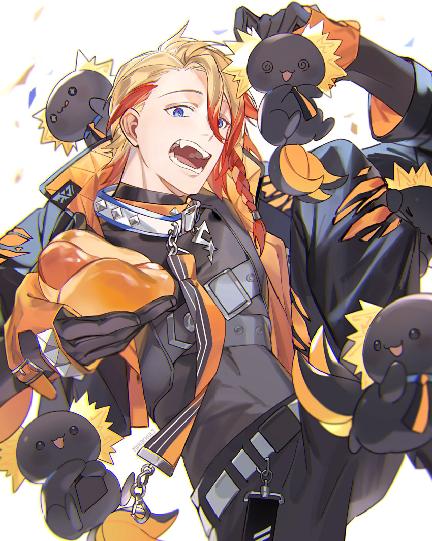1boy :3 @_@ absurdres animal axel_syrios axelotl_(axel_syrios) axolotl belt black_gloves black_pants black_shirt blonde_hair blue_eyes braid chul_(pacifique) collar confetti cropped_jacket english_commentary fangs food gloves happy_birthday highres holding holding_animal holding_food holostars holostars_english hot_dog leash looking_at_viewer male_focus multicolored_hair open_mouth pants redhead shirt short_hair side_braid solo_focus upper_body white_background