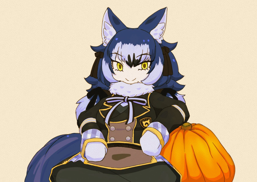 1girl animal_ears blazer blue_hair bow bowtie dire_wolf_(kemono_friends) extra_ears gloves halloween highres jacket kemono_friends kemono_friends_v_project long_hair looking_at_viewer ni_daco pumpkin ribbon scarf simple_background skirt solo tail twintails virtual_youtuber wolf_ears wolf_girl wolf_tail yellow_eyes