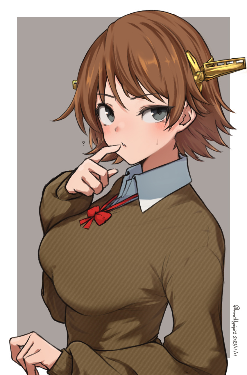 1girl ? absurdres bob_cut border bow bowtie breasts brown_hair brown_sweater collared_shirt commentary curled_fingers dress_shirt finger_to_mouth flipped_hair green_eyes grey_background headgear hiei_(kancolle) highres kantai_collection large_breasts long_sleeves looking_at_viewer outside_border parted_lips red_bow red_bowtie school_uniform shirt short_hair simple_background solo sweatdrop sweater umibudou upper_body v-neck white_border white_shirt