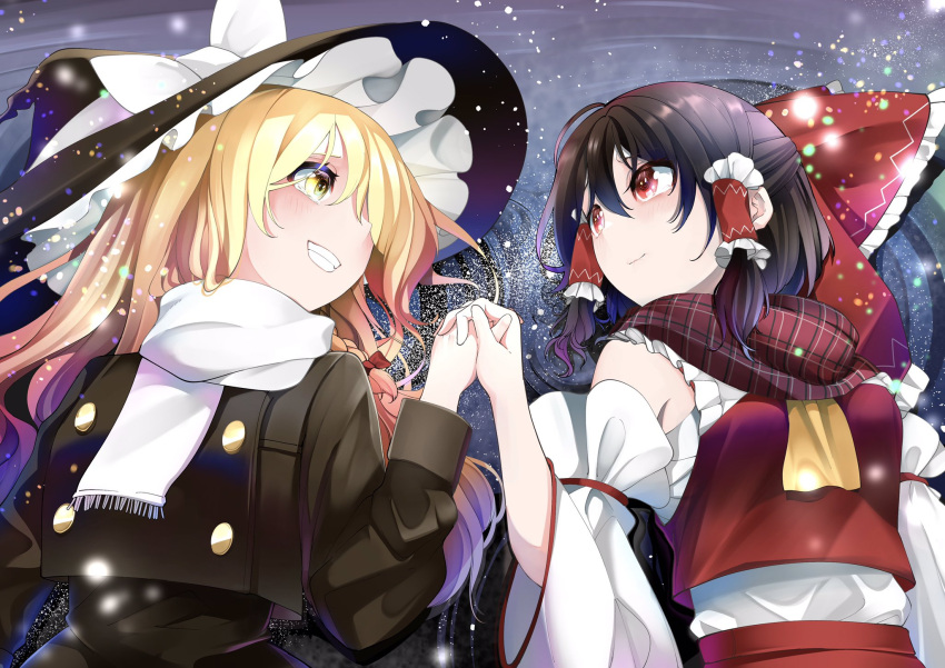 2girls ascot black_headwear black_vest blonde_hair blush bow braid brown_hair commentary_request detached_sleeves eye_contact frilled_bow frilled_hair_tubes frills hair_bow hair_ribbon hair_tubes hakurei_reimu hat hat_bow highres holding_hands interlocked_fingers kirisame_marisa light_particles light_smile long_hair long_sleeves looking_at_another lying multiple_girls nodoguro_(phi-tan) on_back red_bow red_eyes red_ribbon red_scarf ribbon ripples scarf short_hair side_braid single_braid smile striped striped_scarf tears touhou vest water white_bow white_scarf witch_hat yellow_ascot yellow_eyes