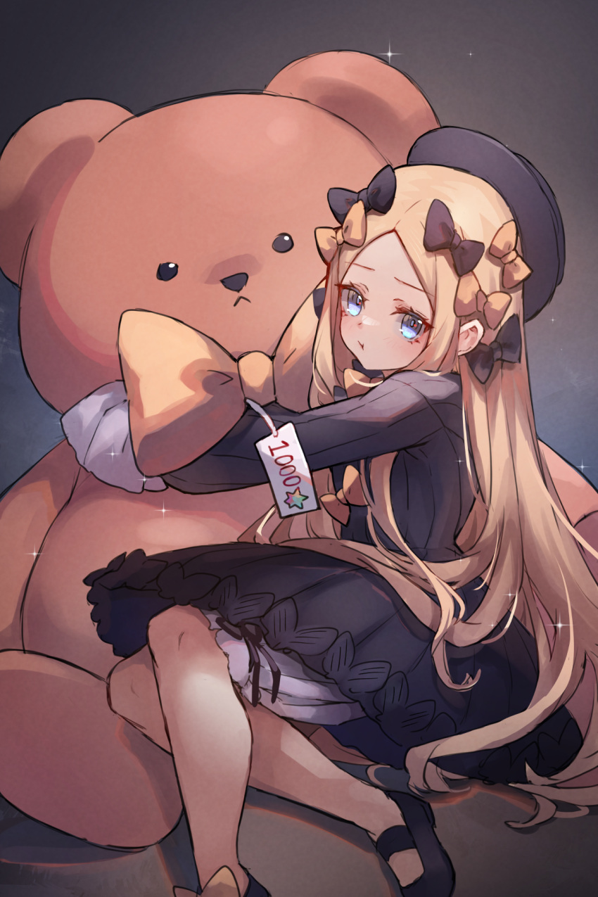 1girl abigail_williams_(fate) black_bow black_dress black_headwear blonde_hair bloomers blue_eyes bow breasts dress fate/grand_order fate_(series) forehead hair_bow hat highres long_hair long_sleeves looking_at_viewer miya_(miyaruta) multiple_hair_bows orange_bow oversized_object parted_bangs ribbed_dress small_breasts solo stuffed_animal stuffed_toy teddy_bear white_bloomers