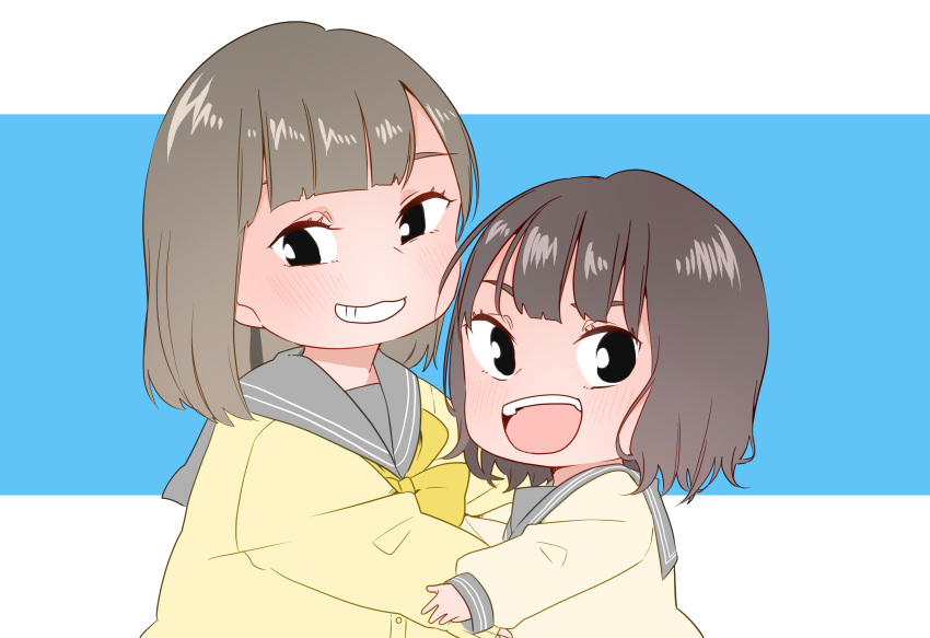 2girls bow bowtie brown_hair character_request chibi commentary_request grey_sailor_collar highres kashikaze long_sleeves looking_at_viewer medium_hair multiple_girls open_mouth real_life sailor_collar saitou_shuka school_uniform serafuku smile teeth upper_body upper_teeth_only uranohoshi_school_uniform voice_actor yellow_bow yellow_bowtie