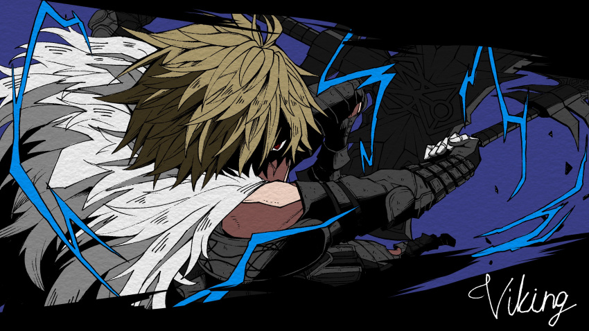 1boy armor black_gloves blonde_hair blue_background cape electricity fingerless_gloves fur_trim gauntlets gloves gran_(granblue_fantasy) granblue_fantasy greatsword hair_over_one_eye highres holding holding_sword holding_weapon letterboxed looking_at_viewer male_focus matubara1207 red_eyes shield short_hair simple_background solo sword upper_body vambraces viking_(granblue_fantasy) weapon
