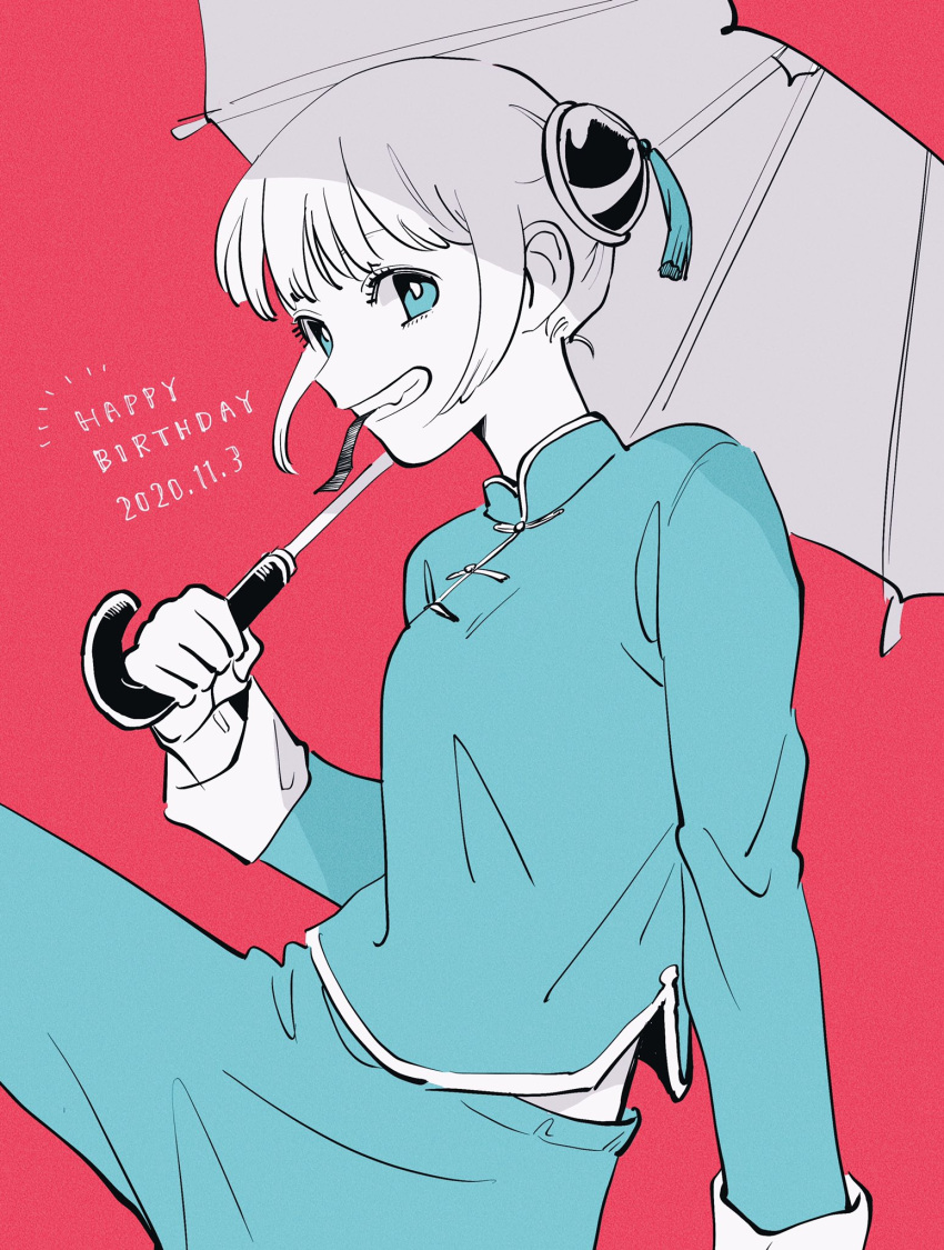 1girl breasts bun_cover chinese_clothes commentary_request dated gintama grin happy_birthday highres holding holding_umbrella kagura_(gintama) limited_palette medium_breasts smile solo umbrella yonchi