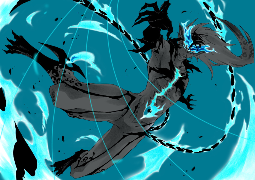1boy absurdres arrancar bleach bleach:_brave_souls blue_background blue_fire blue_sclera clawed_feet claws colored_sclera crown dynamic_pose evil_smile eyeliner fangs fire floating floating_hair glowing_scar grimmjow_jaegerjaquez hair_between_eyes highres incoming_attack jaguar_print ken'ichi_(ken1ro_u) leg_blade limited_palette long_hair makeup male_focus monster_boy multicolored_hair multiple_tails pointy_ears scar smile tail topless_male two-tone_hair
