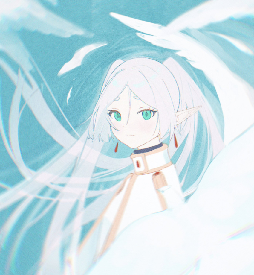 1girl capelet cic_tatsumi closed_mouth earrings elf feathers frieren green_eyes highres jewelry long_hair pointy_ears solo sousou_no_frieren twintails upper_body white_capelet white_hair