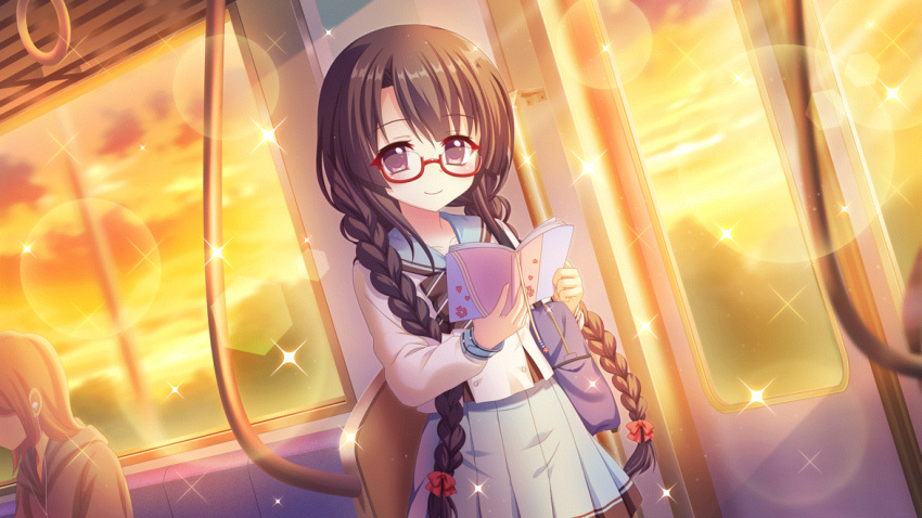 2girls black_hair blue_bag blue_sailor_collar blue_skirt book bow braid brown_hair carrying_bag closed_mouth clouds cloudy_sky dot_nose dutch_angle earphones earphones evening film_grain game_cg glasses grey_hoodie hair_bow hand_grip holding holding_book hood hoodie ichikishima_mizuha izumi_tsubasu lens_flare long_braid long_hair looking_at_viewer marehoshi_academy_school_uniform multiple_girls non-web_source official_art open_book orange_sky re:stage! red-framed_eyewear red_bow sailor_collar school_uniform semi-rimless_eyewear skirt sky smile solo_focus sparkle train_interior twin_braids violet_eyes