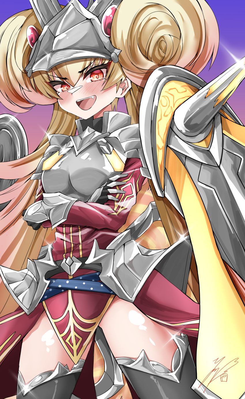 1girl absurdres armor blonde_hair breastplate centurion_primera crossed_arms double_bun dress duel_monster fang gradient_background hair_bun highres long_hair orange_eyes pauldrons red_dress shoulder_armor signature thigh-highs thighs twintails ya-man yu-gi-oh!