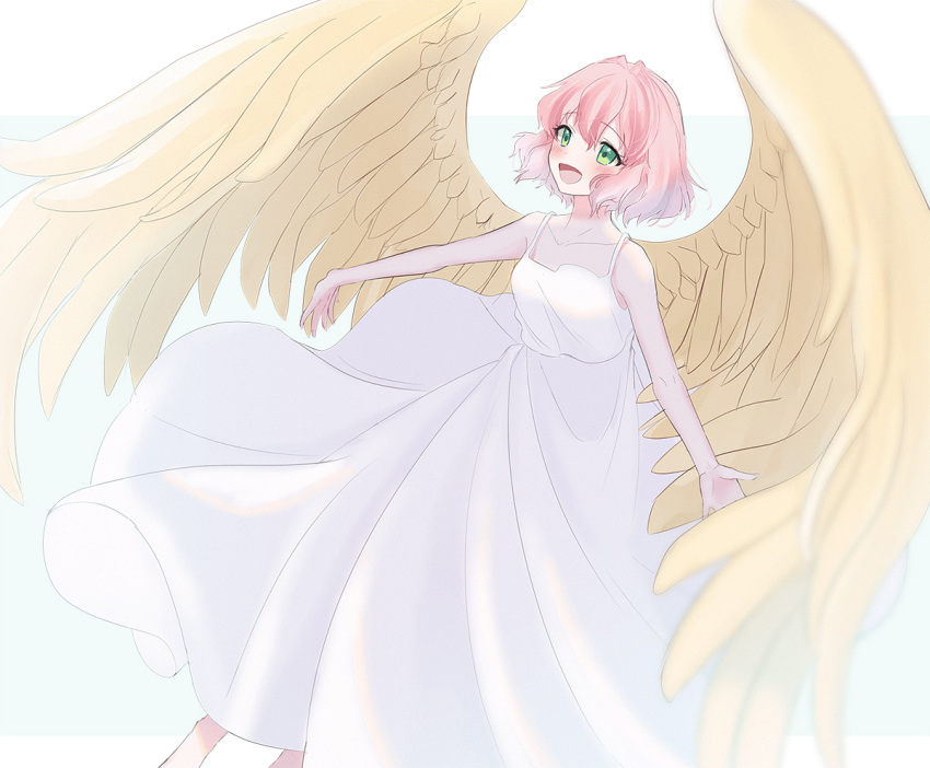 1girl bare_arms blurry blush brown_wings collarbone depth_of_field dress feathered_wings green_eyes harpy_(puyopuyo) kashima_miyako long_dress looking_up open_mouth outstretched_arms pink_hair puyopuyo short_hair solo spread_arms white_dress wings