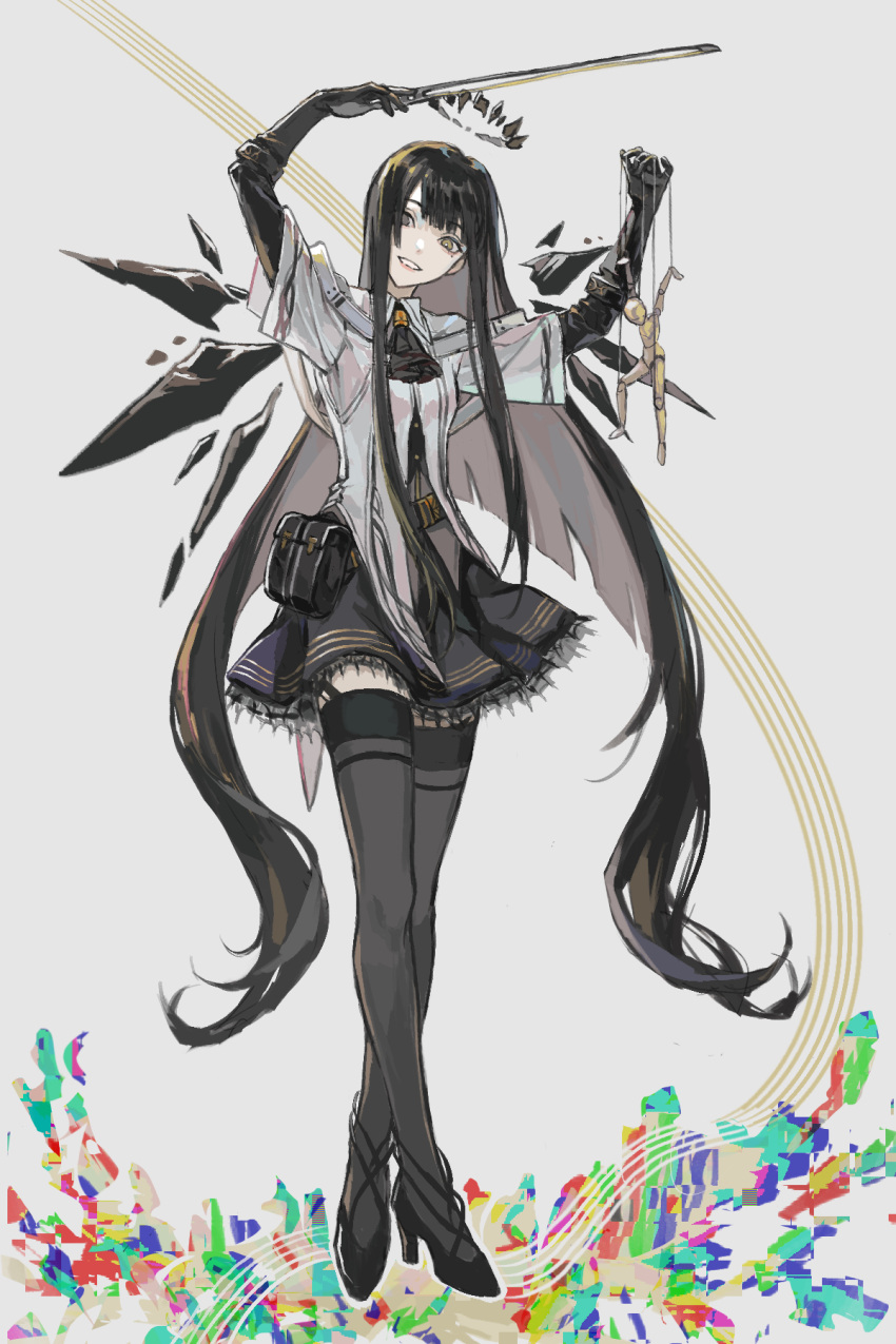 1girl abstract ahoge arknights arms_up ascot belt belt_buckle belt_pouch black_ascot black_belt black_bustier black_footwear black_garter_straps black_gloves black_hair black_halo black_pouch black_skirt black_thighhighs black_wings blueee_(weibo_5695794832) blunt_bangs bow_(music) broken_halo buckle bustier buttons chinese_commentary collared_jacket colored_inner_hair commentary_request crossed_legs dark_halo detached_wings doll dress_shirt energy_wings full_body garter_straps gloves grey_hair grey_shirt halo head_tilt high_heels highres hime_cut holding holding_bow_(music) holding_doll holding_string invisible_floor jacket layered_sleeves lips long_hair long_sleeves looking_at_viewer marionette miniskirt mole mole_under_eye multicolored_hair pale_skin pleated_skirt pouch puppet puppet_strings shirt short_over_long_sleeves short_sleeved_jacket short_sleeves sidelocks simple_background skirt smile solo staff_(music) standing strappy_heels string teeth thigh-highs very_long_hair virtuosa_(arknights) white_background white_belt white_jacket wide_sleeves wings zettai_ryouiki