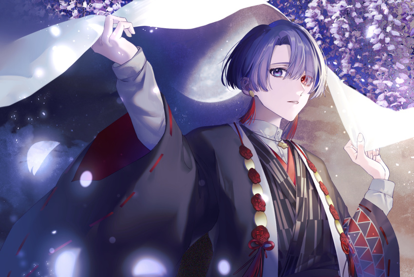 1boy black_jacket black_kimono blunt_ends bowl_cut doku_kobuko dress_shirt earrings falling_petals flower flower_knot full_moon genzuki_toujirou hair_over_one_eye hands_up haori heterochromia highres holding holding_clothes holding_veil jacket japanese_clothes jewelry kimono long_sleeves looking_at_viewer male_focus moon night nijisanji open_clothes open_jacket parted_lips patterned_clothing petals purple_flower purple_hair red_eyes ribbon-trimmed_sleeves ribbon_trim shirt short_hair solo straight_hair tassel tassel_earrings upper_body veil violet_eyes virtual_youtuber white_shirt white_veil wide_sleeves wisteria