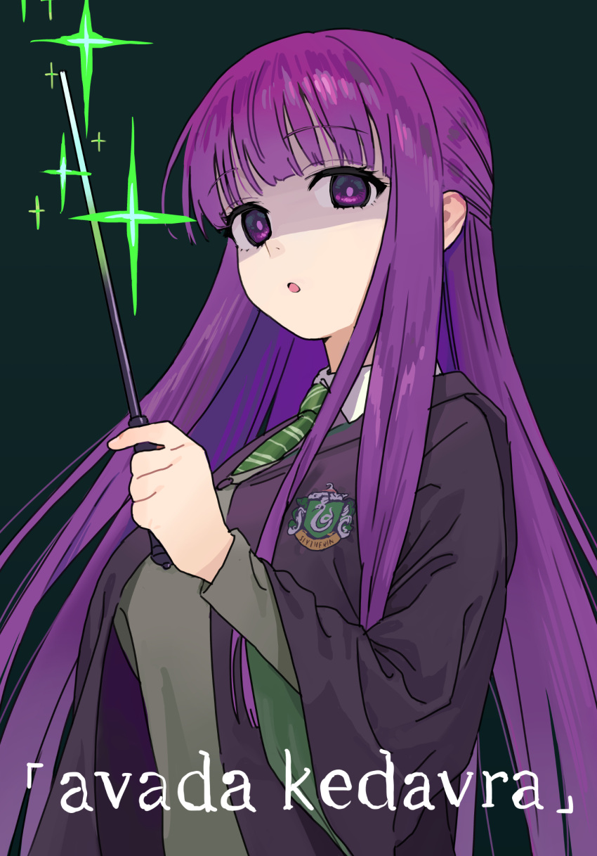 1girl :o alternate_costume bright_pupils collared_shirt commentary_request eyelashes fern_(sousou_no_frieren) green_background green_necktie green_sweater harry_potter_(series) highres holding holding_wand hood hood_down hooded_robe long_hair long_sleeves necktie parted_lips purple_hair robe shirt sidelocks slytherin solo some1else45 sousou_no_frieren sparkle sweater upper_body violet_eyes wand white_shirt wizarding_world