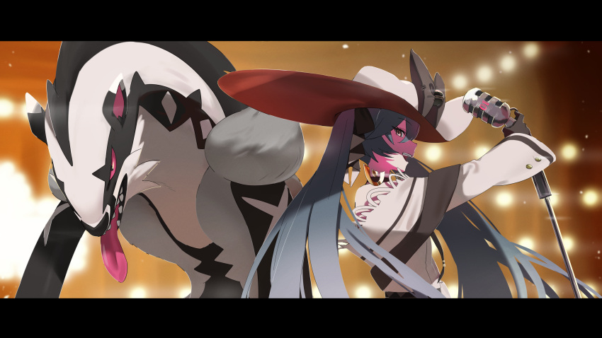 1girl absurdres black_bow black_gloves black_ribbon blue_hair bow colored_sclera dark_miku_(project_voltage) earrings gloves hair_between_eyes hair_ribbon hat hat_bow hatsune_miku highres holding holding_microphone jewelry letterboxed long_hair long_sleeves microphone mitsutsuka obstagoon open_mouth poke_ball pokemon pokemon_(creature) premier_ball project_voltage red_sclera ribbon sharp_teeth teeth tongue twintails upper_body vocaloid