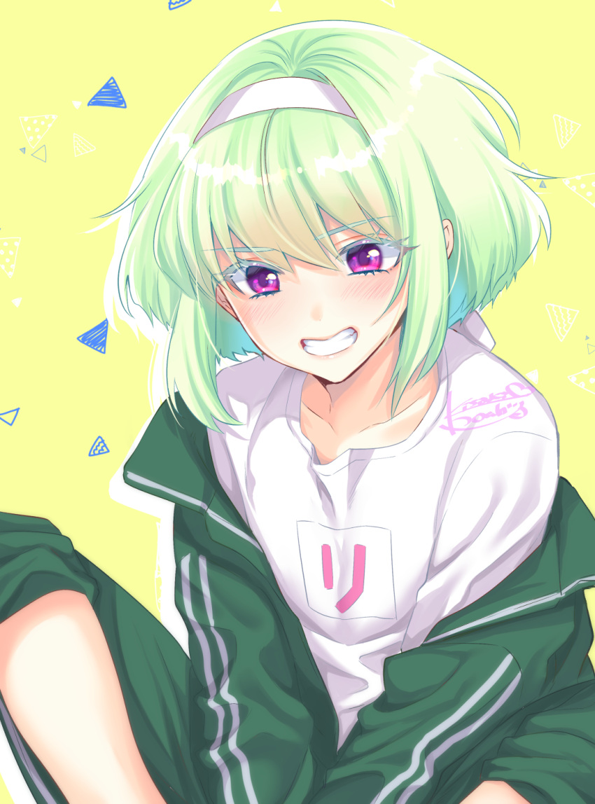 1boy alternate_costume blush clothes_writing colored_eyelashes green_hair green_jacket green_pants green_track_suit grin headband highres jacket kisekisaki knees_up lio_fotia looking_at_viewer male_focus open_clothes open_jacket otoko_no_ko outstretched_arms pants pants_rolled_up promare shirt short_hair sidelocks signature sitting smile solo v_arms violet_eyes white_headband white_shirt yellow_background