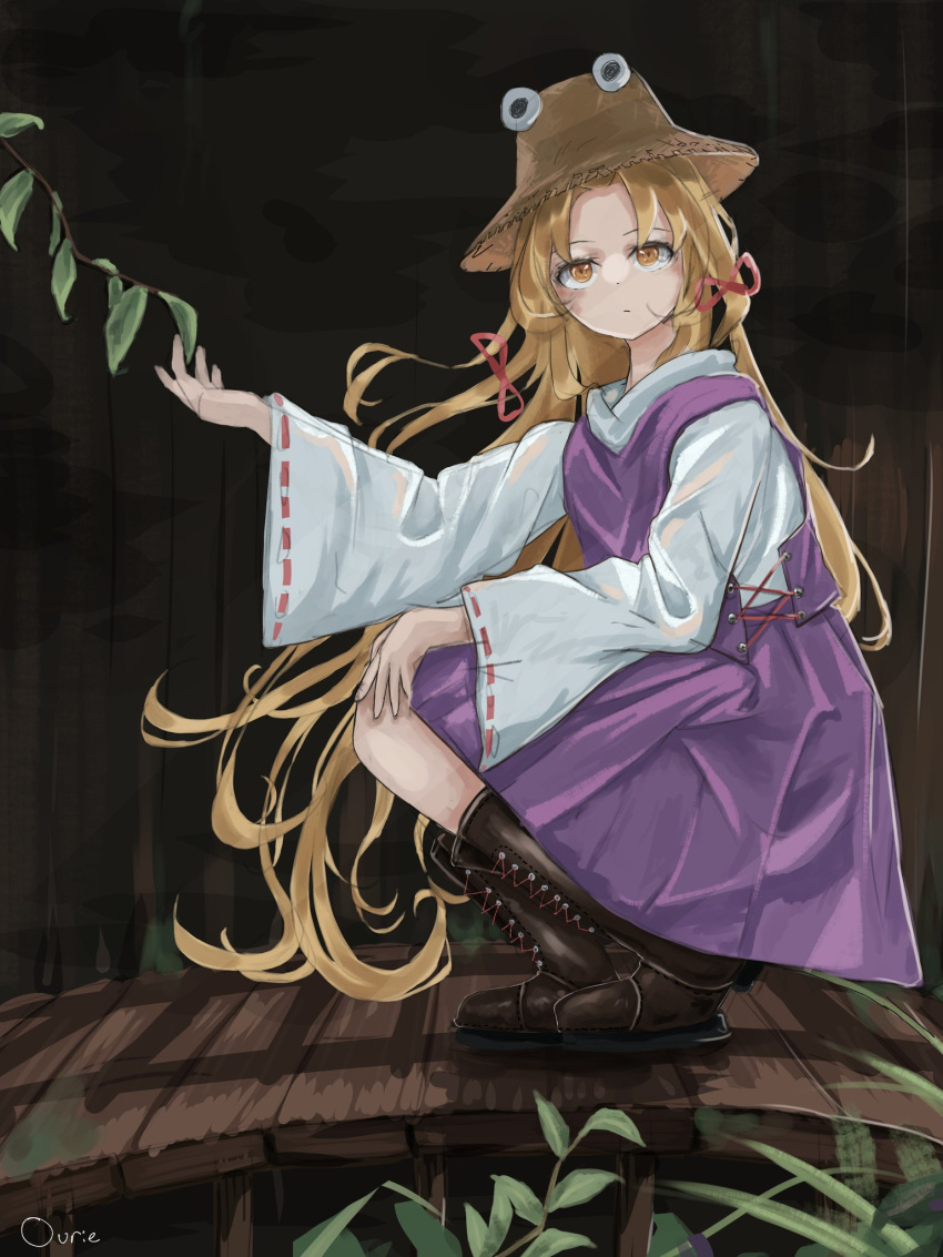 1girl alternate_hair_length alternate_hairstyle black_background blonde_hair boots brown_headwear commentary cross-laced_footwear from_side full_body highres long_hair moriya_suwako ourie plant purple_skirt purple_vest ribbon-trimmed_sleeves ribbon_trim shirt simple_background skirt solo squatting touhou very_long_hair vest white_shirt yellow_eyes