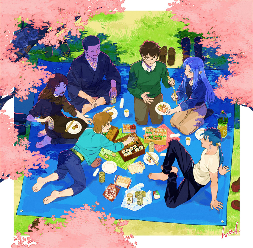 3boys 3girls beer_can black_hair black_pants blue_hair blue_jacket blush brown_hair brown_pants brown_skirt can character_request cherry_blossoms chopsticks closed_eyes closed_mouth collarbone crew_cut cu_chulainn_(fate) earrings eating fate/stay_night fate_(series) food frown fruit fujimura_taiga glasses green_sweater green_tea hal_(haaaalhal) heart highres holding holding_chopsticks holding_plate hotaruzuka_otoko jacket japanese_clothes jewelry kuzuki_souichirou medea_(fate) multiple_boys multiple_girls open_mouth orange_(fruit) orange_slice outdoors pants pectoral_cleavage pectorals picnic plate pointy_ears ponytail signature skirt spring_(season) strawberry sushi sweater tea unworn_footwear
