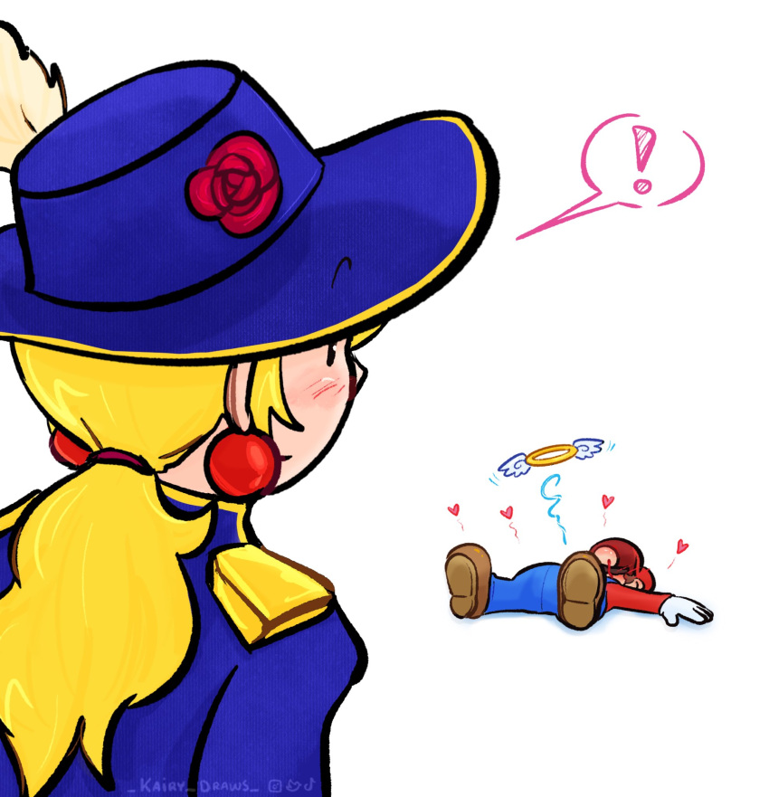 ! aristocratic_clothes back blood blue_headwear blue_jacket blue_overalls blush brown_footwear cabbie_hat earrings epaulettes facial_hair flower giving_up_the_ghost gloves hat hat_feather hat_flower heart hetero highres jacket jewelry kairy_draws long_hair low_ponytail lying mario mustache nosebleed on_back overalls princess_peach princess_peach:_showtime! red_flower red_headwear red_rose rose shoes so_moe_i'm_gonna_die! sphere_earrings spoken_exclamation_mark super_mario_bros. surprised swordfighter_peach unconscious wavy_hair white_gloves winged_halo
