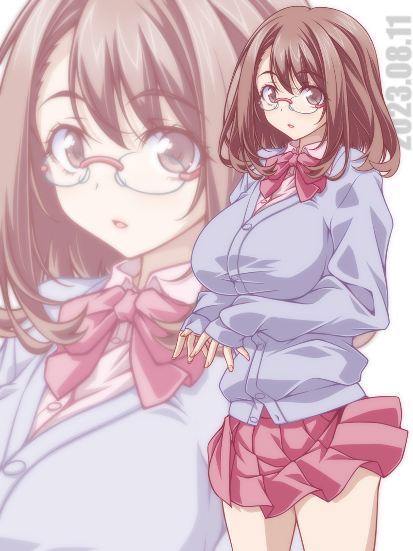 1girl :o bow bowtie brown_eyes brown_hair cardigan commentary cowboy_shot dated dress_shirt glasses grey_cardigan highres kikuchi_tsutomu long_sleeves looking_at_viewer medium_hair miniskirt open_mouth original pink_bow pink_bowtie pink_skirt pleated_skirt rimless_eyewear school_uniform shirt simple_background skirt solo standing white_background white_shirt wing_collar zoom_layer