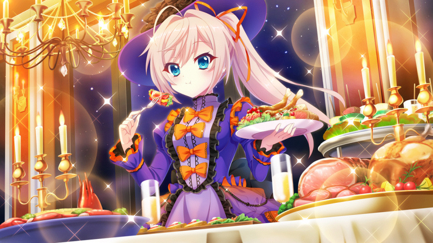 1girl :t ahoge blue_dress blue_eyes bow breasts buffet candelabra candlestand chandelier chicken_(food) closed_mouth cup dot_nose dress drinking_glass dutch_angle eating film_grain food fork frilled_dress frills game_cg hair_ribbon ham high_ponytail himura_nagisa holding holding_fork holding_plate indoors izumi_tsubasu lens_flare lobster long_sleeves medium_breasts night night_sky non-web_source official_art orange_bow orange_ribbon pink_hair plate re:stage! ribbon sky smile solo sparkle table tablecloth tray