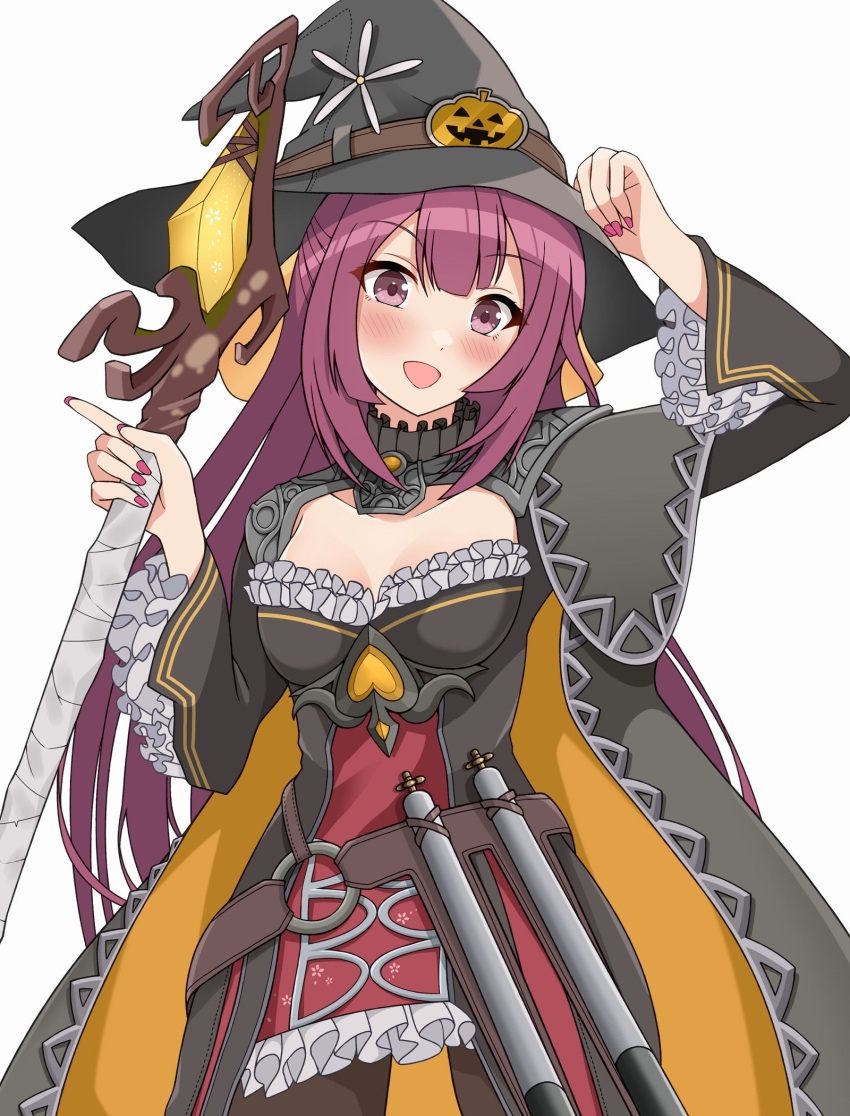 1girl black_dress black_headwear breasts cleavage_cutout clothing_cutout cosplay_request dress frilled_dress frills half_updo hat highres kamikaze_(kancolle) kantai_collection long_hair otobi simple_background small_breasts smile solo staff torpedo violet_eyes white_background wide_sleeves witch_hat