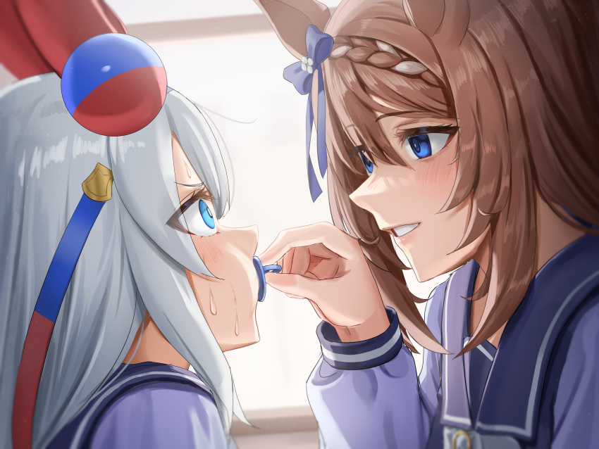 2girls absurdres animal_ears blue_eyes blush bow braid brown_hair commentary_request day ear_bow ear_covers empty_eyes eye_contact eyelashes face-to-face from_side grey_hair hair_between_eyes highres holding_pacifier horse_ears indoors light_smile long_hair long_sleeves looking_at_another multiple_girls nervous_sweating ooeyama pacifier parted_lips school_uniform shirt super_creek_(umamusume) sweat tamamo_cross_(umamusume) tracen_school_uniform umamusume v-shaped_eyebrows window