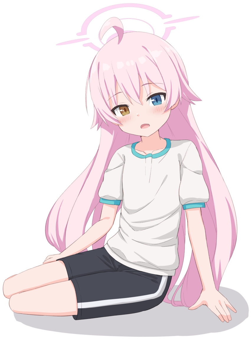 1girl ahoge black_shorts blue_archive blue_eyes blush brown_eyes commentary_request fang full_body gym_shirt gym_shorts gym_uniform hair_between_eyes halo heterochromia highres hoshino_(blue_archive) long_hair open_mouth pink_hair puffy_short_sleeves puffy_sleeves shadow shirt short_sleeves shorts simple_background solo takasuma_hiro very_long_hair white_background white_shirt