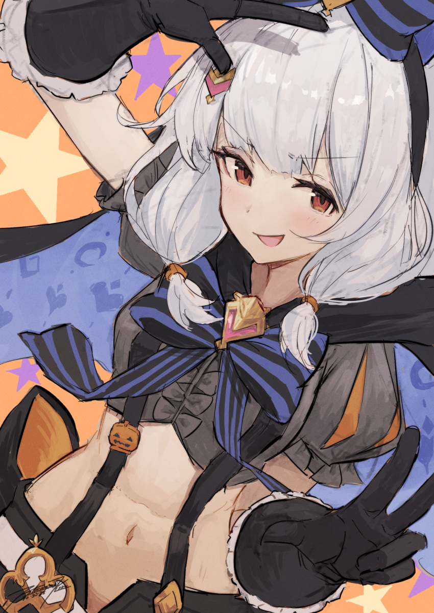 1girl black_gloves gloves granblue_fantasy highres looking_at_viewer midriff navel open_mouth punished_pigeon red_eyes suspenders v vikala_(granblue_fantasy) vikala_(halloween)_(granblue_fantasy) white_hair