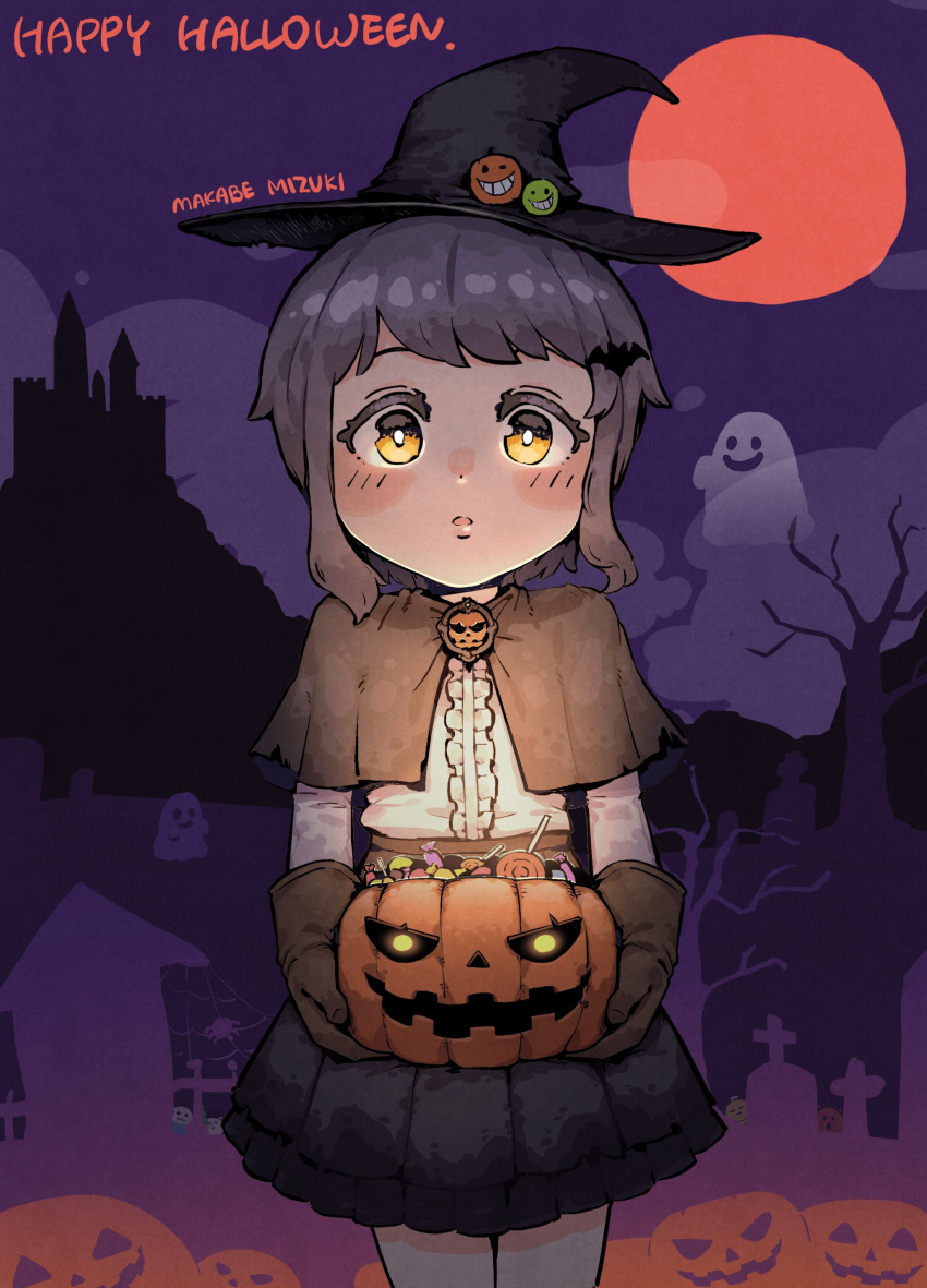 1girl absurdres bat_hair_ornament black_capelet black_gloves black_headwear black_skirt blush bucket bug burndle08 candy capelet castle character_name commentary dot_nose flat_chest food frilled_shirt frills ghost gloves hair_ornament halloween_bucket happy_halloween hat highres holding holding_bucket idolmaster idolmaster_million_live! jack-o'-lantern long_sleeves looking_at_viewer makabe_mizuki parted_lips purple_background purple_hair shirt short_hair sidelocks silk skirt solo spider spider_web tree white_shirt witch_hat yellow_eyes
