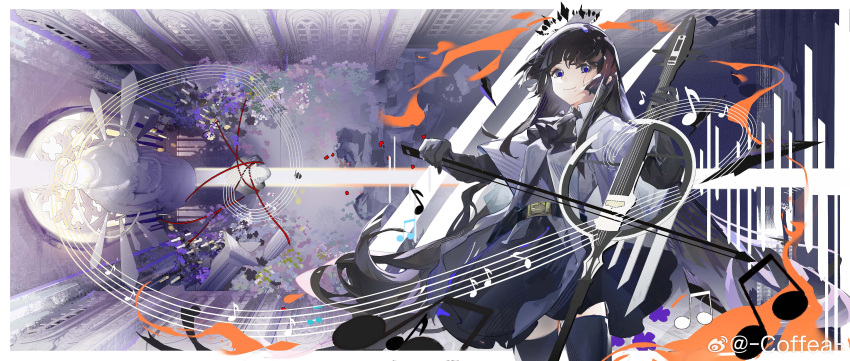 1girl absurdly_long_hair absurdres architecture arknights artist_name ascot belt belt_buckle black_ascot black_belt black_gloves black_hair black_halo black_skirt black_sleeves black_thighhighs black_wings blue_eyes blunt_bangs border bow_(music) broken_halo buckle candle cello church closed_mouth coffea_(weibo_7482716472) collared_jacket commentary_request cowboy_shot dark_halo detached_wings dress_shirt energy_wings flower german_commentary gloves glowing grey_shirt halo hands_up highres hime_cut holding holding_bow_(music) holding_instrument holding_violin indoors instrument jacket light_smile long_hair looking_at_viewer miniskirt music musical_note playing shirt sidelocks skirt solo staff_(music) standing statue sunlight thigh-highs very_long_hair violin virtuosa_(arknights) watermark weibo_logo weibo_username white_belt white_border white_jacket window wings zettai_ryouiki