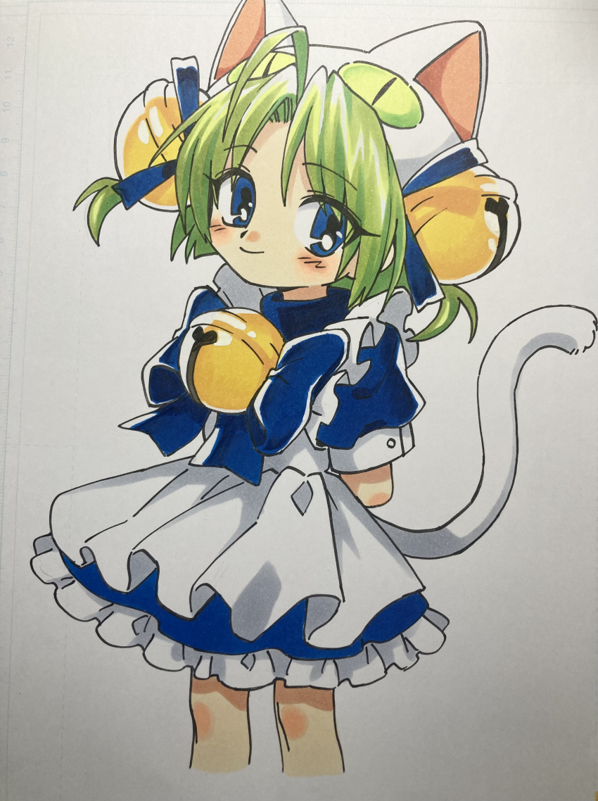 1girl absurdres ahoge animal_hat apron arms_behind_back bell blue_bow blue_bowtie blue_dress blue_eyes blue_ribbon blush bow bowtie cat_hat cat_tail closed_mouth dejiko di_gi_charat dress eyes_visible_through_hair feet_out_of_frame frilled_dress frills green_hair hair_bell hair_ornament hair_ribbon hat highres jingle_bell looking_at_viewer maid_apron marker_(medium) menma_(enaic31) neck_bell parted_bangs puffy_short_sleeves puffy_sleeves ribbon short_dress short_hair short_sleeves sleeve_cuffs smile solo standing tail tail_raised traditional_media two_side_up white_apron white_background white_headwear