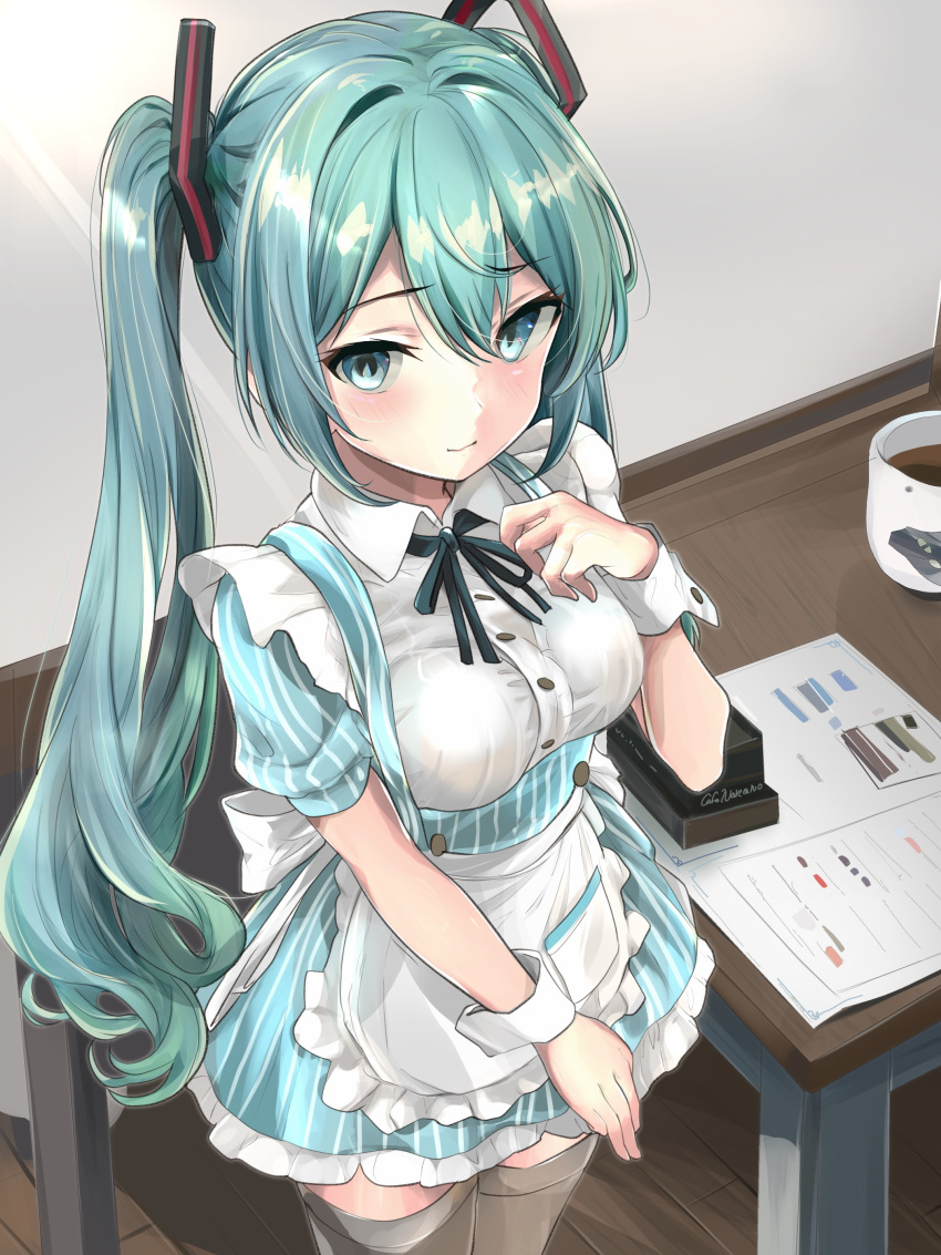1girl absurdres airport96 alice_gear_aegis apron black_ribbon black_thighhighs blush closed_mouth commentary_request cup dress frilled_apron frilled_dress frilled_sleeves frills green_dress green_eyes green_hair hair_ornament hatsune_miku highres maid menu ribbon solo thigh-highs twintails vocaloid wrist_cuffs