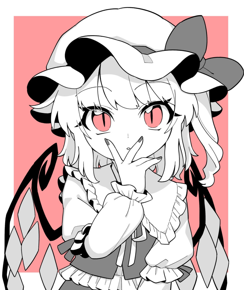 1girl bow commentary_request covering_mouth crystal flandre_scarlet frilled_shirt frilled_shirt_collar frills greyscale hand_over_own_mouth hand_up hat hat_bow highres long_sleeves looking_at_viewer medium_hair mob_cap monochrome oninamako open_mouth shirt slit_pupils solo spot_color touhou upper_body vest wings