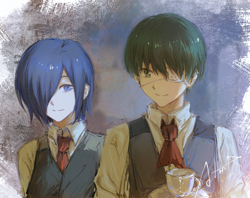 1boy 1girl ascot astronut_zzz black_vest blue_hair brown_eyes closed_mouth cup hair_over_one_eye highres kaneki_ken kirishima_touka long_sleeves looking_at_another necktie red_ascot red_necktie short_hair signature smile tokyo_ghoul vest violet_eyes