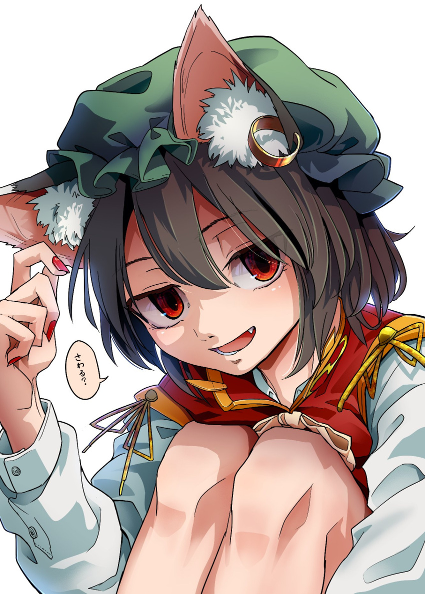 1girl animal_ear_fluff animal_ear_piercing animal_ears bow bowtie brown_hair cat_ears chen commentary_request double-parted_bangs earrings eyes_visible_through_hair fang feet_out_of_frame gold_trim green_headwear hair_between_eyes half-closed_eyes hand_up hat highres jewelry knees_to_chest kusiyan long_sleeves mob_cap nail_polish nostrils open_mouth red_eyes red_nails red_vest short_hair simple_background single_earring sitting solo touhou vest white_background white_bow white_bowtie