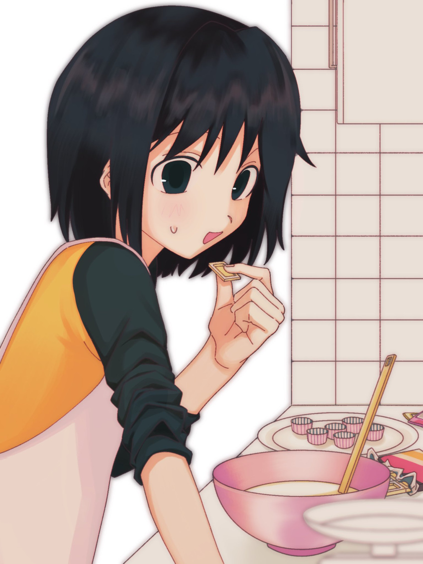 1girl apron batter black_eyes black_hair black_shirt blush bowl candy chocolate chocolate_bar chocolate_making cooking dessert food franz_c hand_up hashtag-only_commentary highres holding holding_chocolate holding_food indoors kitchen long_sleeves looking_at_viewer medium_hair mixing_bowl multicolored_shirt nakahara_misaki nhk_ni_youkoso! open_mouth plate raglan_sleeves shirt sleeves_pushed_up small_sweatdrop solo t-shirt tile_wall tiles two-tone_shirt white_apron white_chocolate yellow_shirt