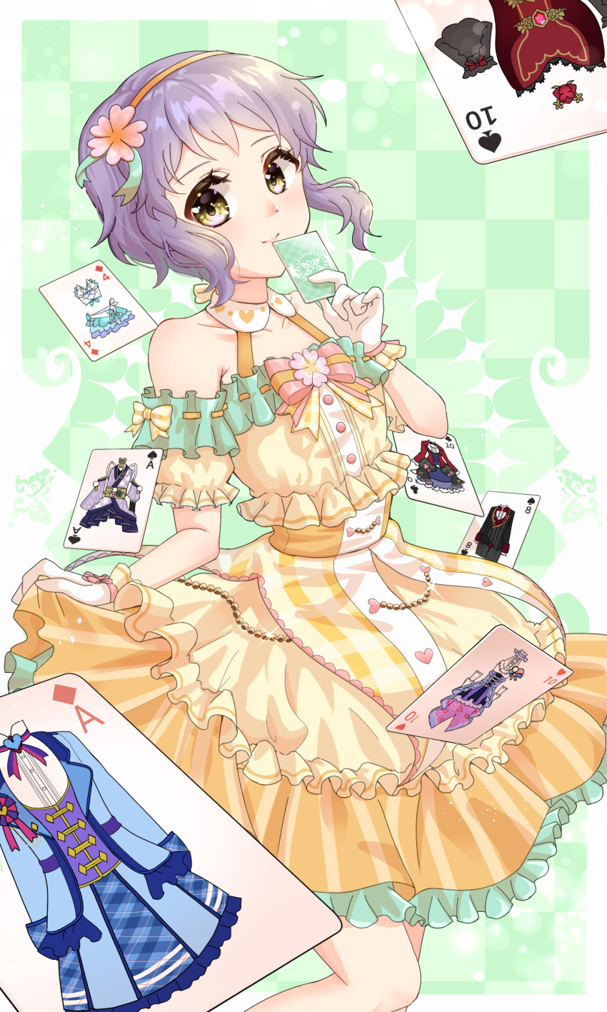 1girl absurdres ace_(playing_card) ace_of_diamonds ace_of_spades bow bowtie buttons card checkered_clothes collarbone commentary_request diamond_(shape) dress eight_of_clubs flat_chest flower four_of_diamonds frilled_dress frilled_gloves frills gloves green_background hair_flower hair_ornament hairband highres holding holding_card idolmaster idolmaster_million_live! idolmaster_million_live!_theater_days looking_at_viewer makabe_mizuki makamakaimas official_alternate_costume orange_hairband pink_bow pink_bowtie playing_card puffy_short_sleeves puffy_sleeves purple_hair short_hair short_sleeves sidelocks skirt_hold smile solo spade_(shape) ten_of_clubs ten_of_hearts ten_of_spades wavy_hair white_gloves yellow_dress yellow_eyes