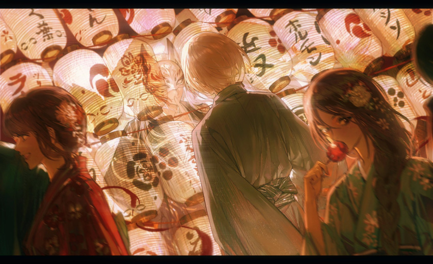 2boys 2girls arms_at_sides blonde_hair blurry braid brown_hair candy_apple closed_mouth depth_of_field dutch_angle eating ensemble_stars! eye_mask facing_another facing_away finger_to_mouth flower food fox_mask grey_kimono gugugusang111 hair_flower hair_ornament hair_over_shoulder hand_up hibiki_wataru highres holding holding_food index_finger_raised japanese_clothes kimono lantern letterboxed long_hair looking_at_viewer mask motion_blur multiple_boys multiple_girls night out_of_frame outdoors paper_lantern profile short_hair shushing sideways_glance single_braid smile summer_festival tassel tenshouin_eichi updo white_hair yukata
