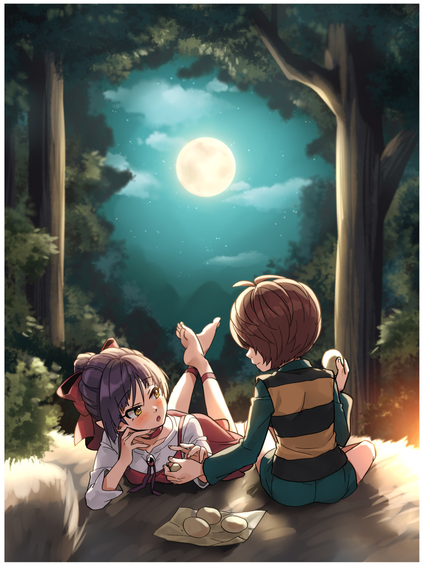 1girl absurdres ankle_ribbon aqua_shorts barefoot border bow breasts brown_hair choker collarbone dress food forest from_behind full_moon gegege_no_kitarou hair_bow highres indian_style kitarou leg_ribbon legs_up long_sleeves looking_at_another lying moon nature nekomusume nekomusume_(gegege_no_kitarou_6) night on_stomach open_mouth outdoors pinafore_dress profile purple_hair purple_ribbon red_bow red_choker red_dress red_ribbon ribbon shirt short_dress short_hair short_shorts shorts silanduqiaocui sitting sleeveless sleeveless_dress soles the_pose white_border white_shirt yellow_eyes